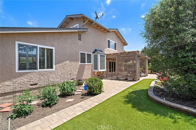 20161 Glacier Cir, Huntington Beach, CA 92646 - rear view of property with stucco siding, a patio, a lawn, and a pergola