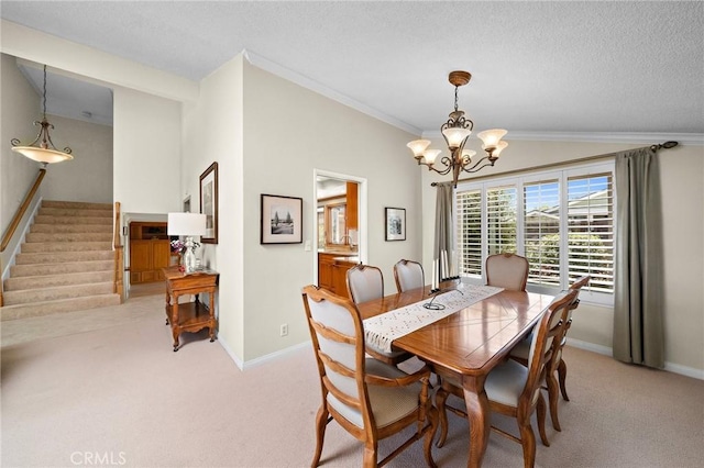 20161 Glacier Cir, Huntington Beach, CA 92646 - dining space featuring ornamental molding, light carpet, a chandelier, stairway, and a textured ceiling