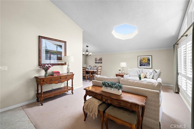 20161 Glacier Cir, Huntington Beach, CA 92646 - living room featuring a chandelier, baseboards, healthy amount of natural light, light colored carpet, and crown molding