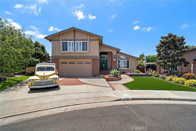 20161 Glacier Cir, Huntington Beach, CA 92646 - tri-level home featuring an attached garage, concrete driveway, stucco siding, and brick siding