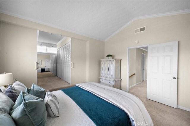 20161 Glacier Cir, Huntington Beach, CA 92646 - bedroom with light carpet, crown molding, vaulted ceiling, baseboards, and a closet