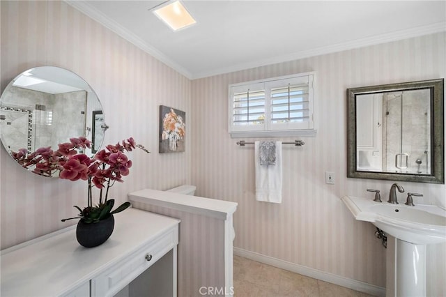 20161 Glacier Cir, Huntington Beach, CA 92646 - full bath featuring crown molding, tile patterned floors, baseboards, and wallpapered walls