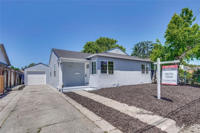 1221 Westminster Ave, East Palo Alto, CA 94303 - single story home featuring stucco siding, driveway, an outdoor structure, and roof with shingles