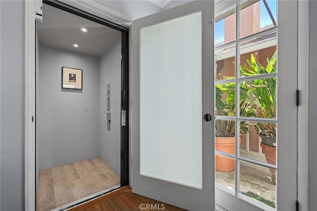 1800 Highland Ave, Manhattan Beach, CA 90266 - doorway with elevator, dark wood-style flooring, and recessed lighting