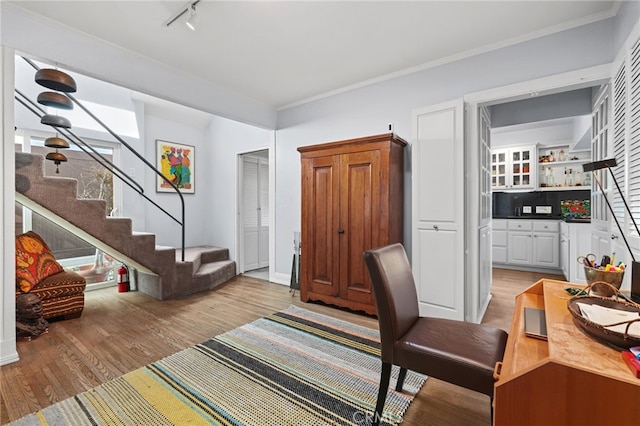 1800 Highland Ave, Manhattan Beach, CA 90266 - office area with light wood-style flooring, ornamental molding, and track lighting