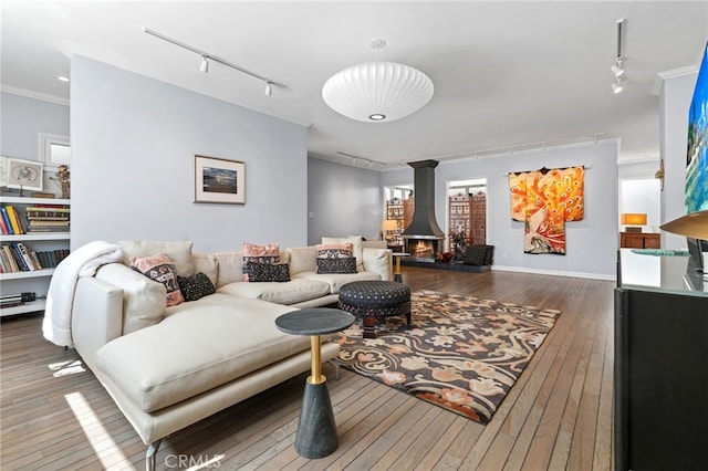 1800 Highland Ave, Manhattan Beach, CA 90266 - living area with rail lighting, hardwood / wood-style flooring, a wood stove, and crown molding