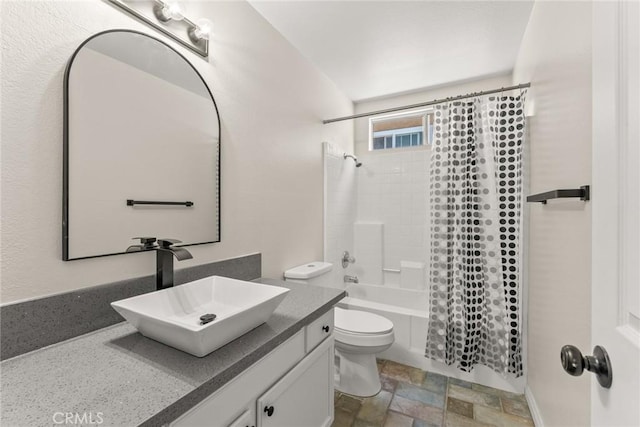 1318 Washington Ave, San Jacinto, CA 92583 - full bath with stone finish floors, shower / tub combo, vanity, and toilet