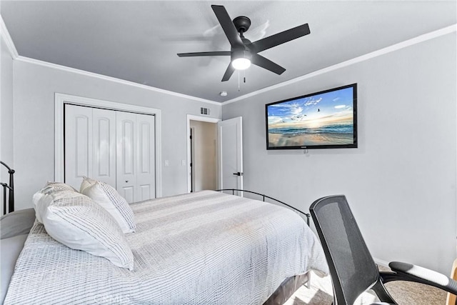 1050 Shelburne Ln, Habra, CA 90631 - bedroom featuring a closet, ornamental molding, a ceiling fan, and baseboards