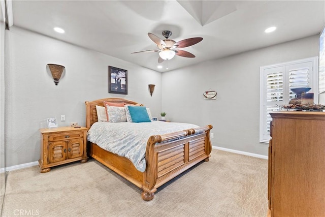 1050 Shelburne Ln, Habra, CA 90631 - bedroom with light colored carpet, baseboards, recessed lighting, and a ceiling fan