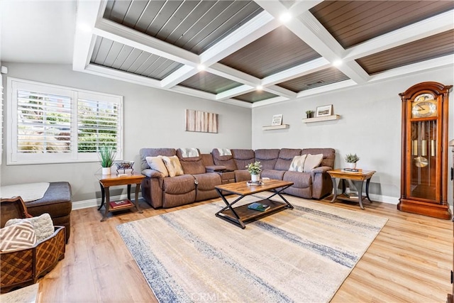 1050 Shelburne Ln, Habra, CA 90631 - living area featuring baseboards, light wood-type flooring, beamed ceiling, and coffered ceiling