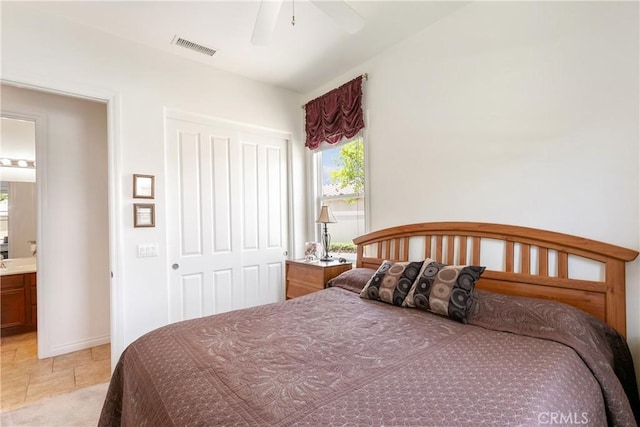 11538 Stoney Brook Ct, Beaumont, CA 92223 - bedroom with ensuite bathroom, a ceiling fan, and light tile patterned floors