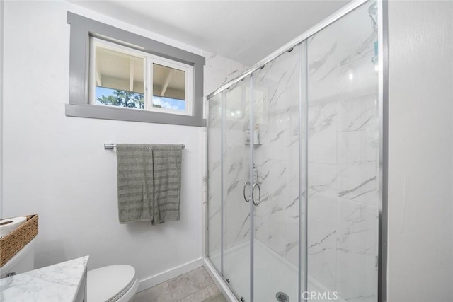 1215 Sylvia Ct, San Luis Obispo, CA 93401 - bathroom featuring vanity, a marble finish shower, toilet, and baseboards