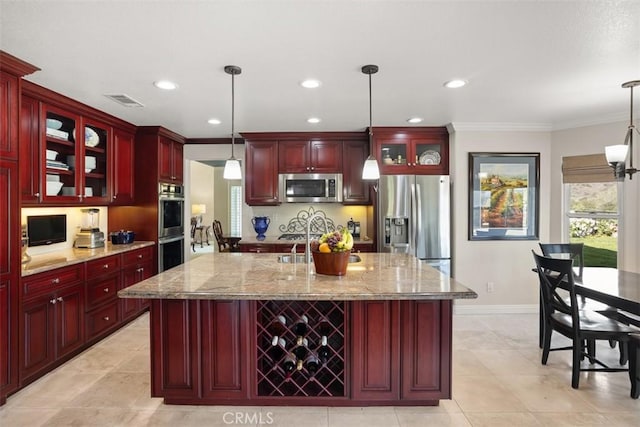 4560 San Antonio Rd, Yorba Linda, CA 92886 - kitchen featuring dark brown cabinets, stainless steel appliances, light stone counters, baseboards, and crown molding