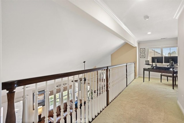 4560 San Antonio Rd, Yorba Linda, CA 92886 - corridor featuring carpet, ornamental molding, baseboards, recessed lighting, and a desk