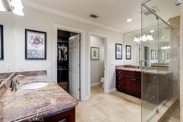 4560 San Antonio Rd, Yorba Linda, CA 92886 - full bath featuring crown molding, a shower stall, vanity, recessed lighting, and baseboards