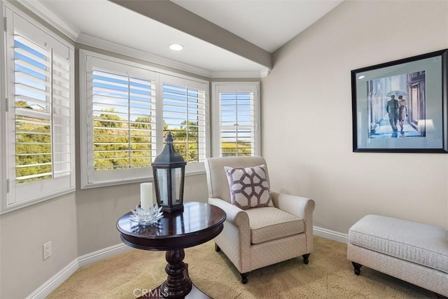 4560 San Antonio Rd, Yorba Linda, CA 92886 - sitting room with baseboards, carpet floors, plenty of natural light, crown molding, and recessed lighting
