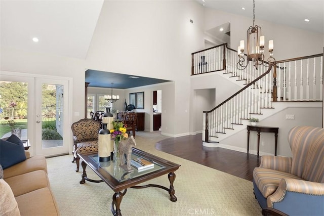 4560 San Antonio Rd, Yorba Linda, CA 92886 - living area with a chandelier, wood finished floors, stairs, high vaulted ceiling, and recessed lighting