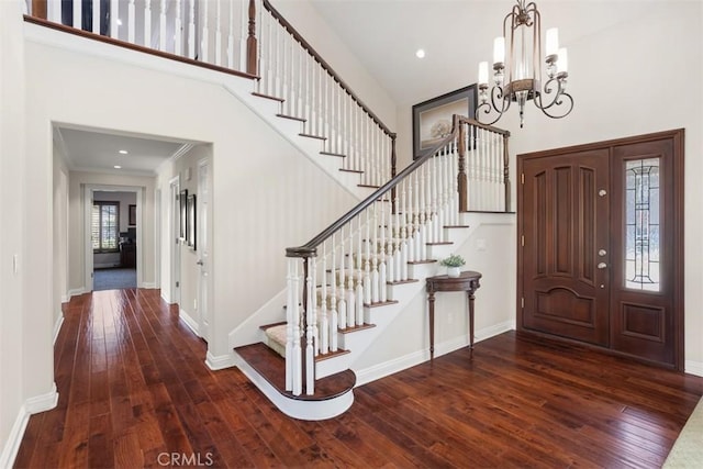 4560 San Antonio Rd, Yorba Linda, CA 92886 - entrance foyer featuring a towering ceiling, hardwood / wood-style floors, stairway, baseboards, and a chandelier