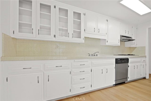 2015 E Broadway Unit 204, Long Beach, CA 90803 - kitchen featuring stainless steel dishwasher, light countertops, under cabinet range hood, white cabinetry, and tasteful backsplash