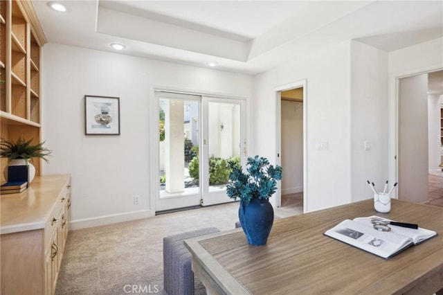 993 Las Palmas Way, San Luis Obispo, CA 93401 - home office featuring recessed lighting, baseboards, light colored carpet, and a raised ceiling