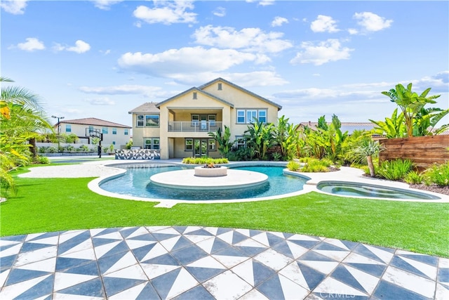 17150 Vita Way, Riverside, CA 92503 - back of property with a balcony, an in-ground hot tub, a patio, stucco siding, and an outdoor pool