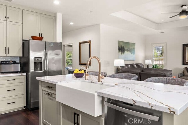 5540 Scottwood Rd, Paradise, CA 95969 - kitchen with stainless steel refrigerator with ice dispenser, dishwashing machine, a sink, open floor plan, and light stone counters