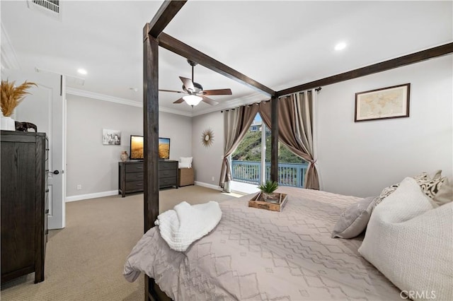 38872 Cherry Point Ln, Murrieta, CA 92563 - bedroom with light colored carpet, ornamental molding, access to exterior, baseboards, and recessed lighting