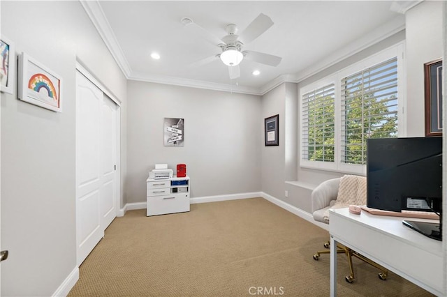 38872 Cherry Point Ln, Murrieta, CA 92563 - office area with ceiling fan, crown molding, light carpet, baseboards, and recessed lighting