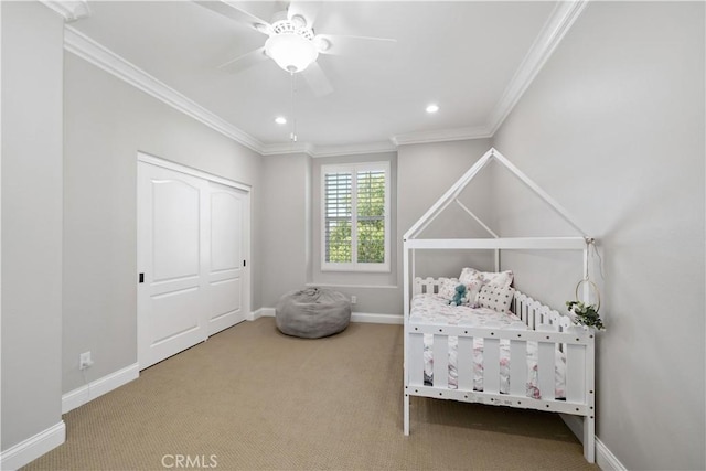 38872 Cherry Point Ln, Murrieta, CA 92563 - bedroom with baseboards, carpet flooring, crown molding, recessed lighting, and a ceiling fan