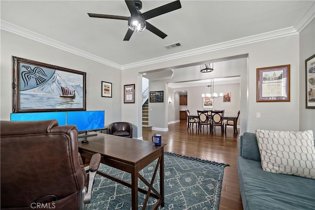38872 Cherry Point Ln, Murrieta, CA 92563 - living room with hardwood / wood-style floors, crown molding, a ceiling fan, stairway, and baseboards
