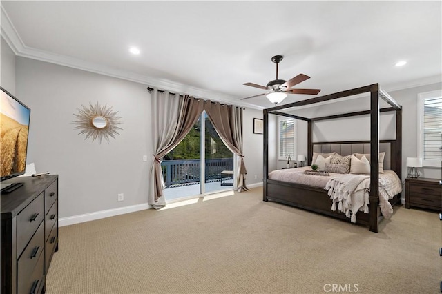 38872 Cherry Point Ln, Murrieta, CA 92563 - bedroom with crown molding, access to exterior, light colored carpet, multiple windows, and baseboards