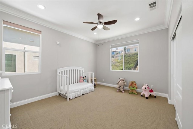 38872 Cherry Point Ln, Murrieta, CA 92563 - bedroom with light carpet, baseboards, ornamental molding, recessed lighting, and ceiling fan