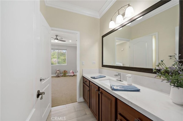 38872 Cherry Point Ln, Murrieta, CA 92563 - bathroom featuring crown molding, vanity, and a ceiling fan