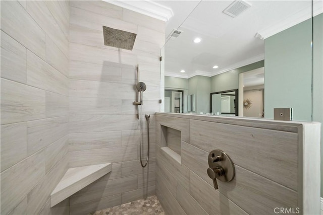 38872 Cherry Point Ln, Murrieta, CA 92563 - bathroom with crown molding, tiled shower, and recessed lighting