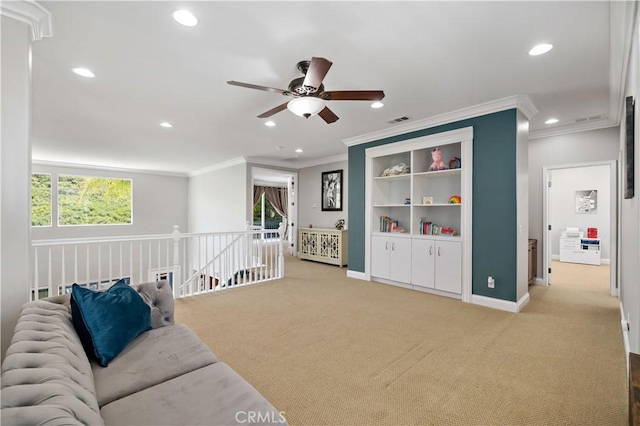 38872 Cherry Point Ln, Murrieta, CA 92563 - living area featuring recessed lighting, a ceiling fan, light colored carpet, baseboards, and ornamental molding