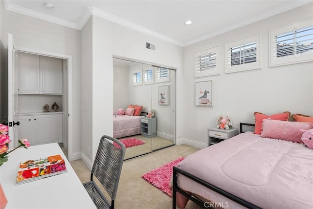 20 Fecamp, Newport Coast, CA 92657 - bedroom featuring light carpet, ornamental molding, baseboards, a closet, and recessed lighting