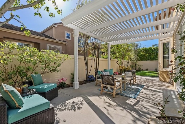 20 Fecamp, Newport Coast, CA 92657 - fenced backyard with outdoor lounge area, a pergola, and a patio