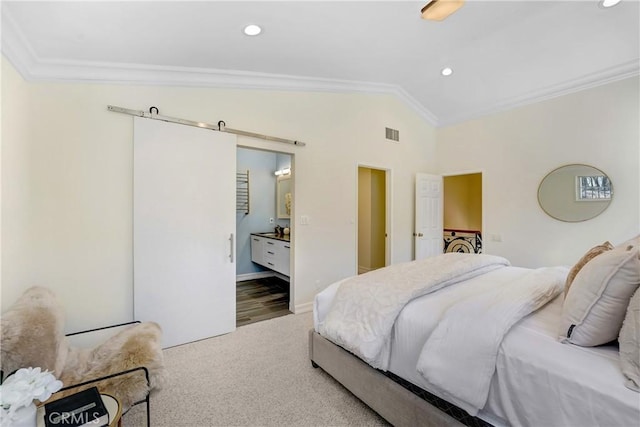 17043 Empanada Pl, Encino, CA 91436 - bedroom with crown molding, vaulted ceiling, carpet flooring, recessed lighting, and ensuite bathroom