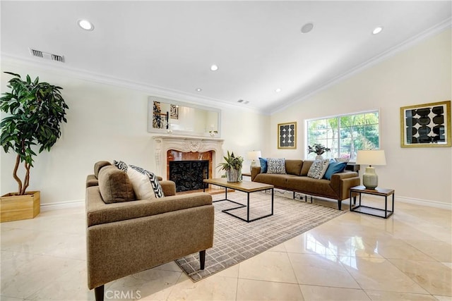 17043 Empanada Pl, Encino, CA 91436 - living room featuring crown molding, a fireplace, recessed lighting, lofted ceiling, and light tile patterned floors