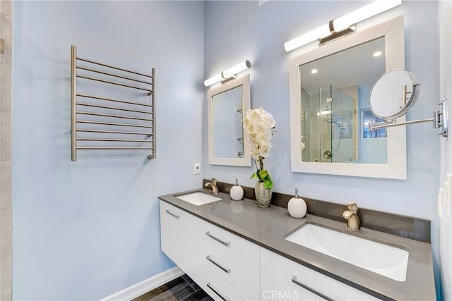 17043 Empanada Pl, Encino, CA 91436 - full bath with radiator, a shower stall, double vanity, and a towel warmer