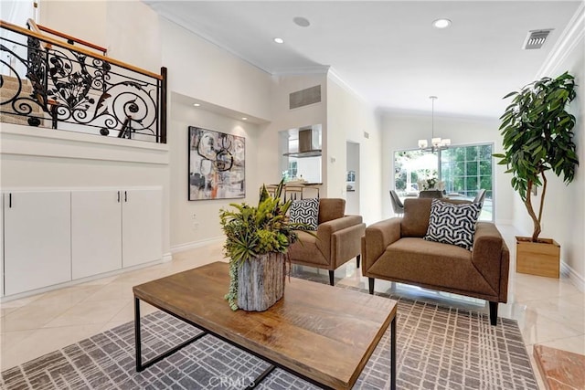 17043 Empanada Pl, Encino, CA 91436 - living room featuring ornamental molding, light tile patterned floors, a chandelier, and recessed lighting