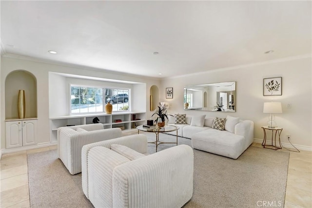 17043 Empanada Pl, Encino, CA 91436 - living area featuring crown molding, recessed lighting, light tile patterned floors, and arched walkways