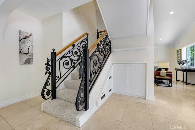 17043 Empanada Pl, Encino, CA 91436 - staircase featuring crown molding and recessed lighting