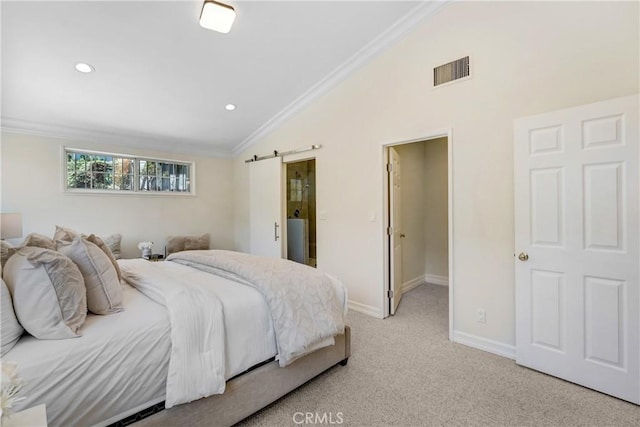 17043 Empanada Pl, Encino, CA 91436 - bedroom with vaulted ceiling, crown molding, light colored carpet, and recessed lighting