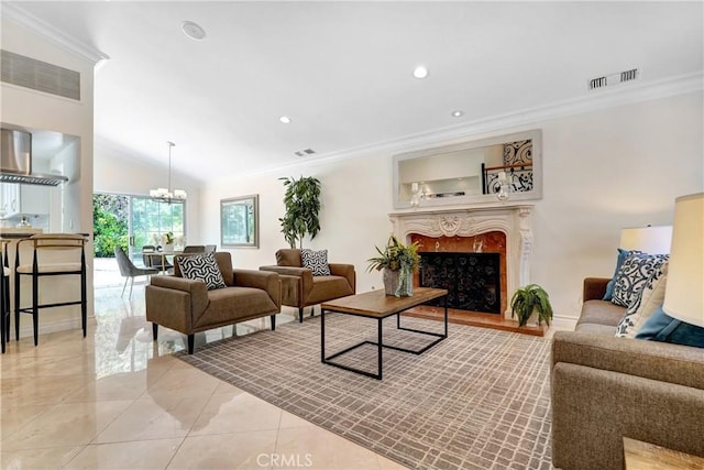 17043 Empanada Pl, Encino, CA 91436 - living room featuring ornamental molding, a chandelier, a premium fireplace, vaulted ceiling, and recessed lighting