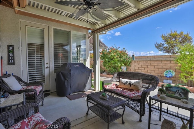 841 Bermuda Dr, Hemet, CA 92543 - view of patio / terrace featuring ceiling fan, area for grilling, and an outdoor living space