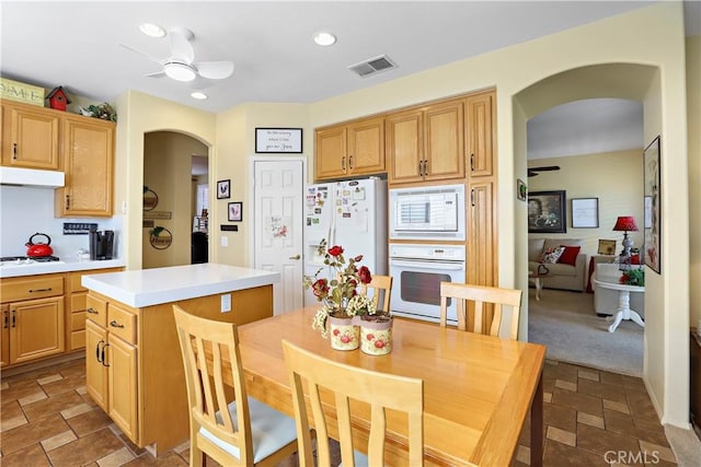 841 Bermuda Dr, Hemet, CA 92543 - kitchen featuring white appliances, arched walkways, a ceiling fan, under cabinet range hood, and recessed lighting
