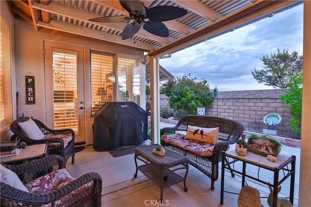 841 Bermuda Dr, Hemet, CA 92543 - view of patio featuring a ceiling fan, area for grilling, and outdoor lounge area
