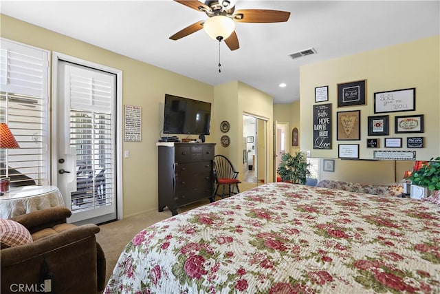 841 Bermuda Dr, Hemet, CA 92543 - bedroom featuring carpet flooring, access to exterior, a ceiling fan, and recessed lighting