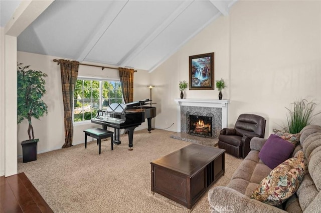 4187 Pepper Ave, Yorba Linda, CA 92886 - living area with beamed ceiling, a lit fireplace, high vaulted ceiling, and wood finished floors